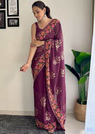Wine Thread Embroidered Saree In Georgette