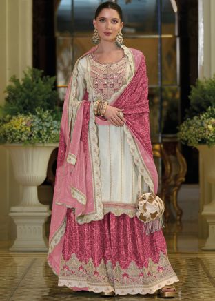 Readymade White Embroidered Sharara Suit Set