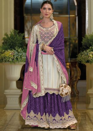 Readymade White Embroidered Chiffon Sharara Suit