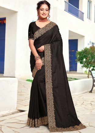 Black Embroidered Saree In Art Silk