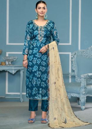 Teal Blue Floral Print Pant Suit In Viscose