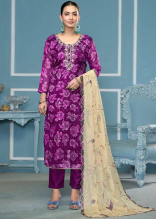 Purple Floral Print Viscose Pant Suit