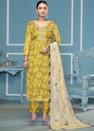 Yellow Floral Print Viscose Pant Suit