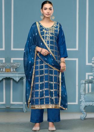 Blue Bandhej Print Cotton Silk Pant Suit