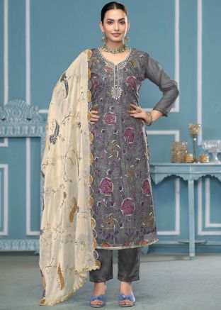 Grey Floral Print Viscose Pant Suit Set