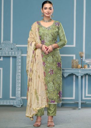 Green Floral Print Viscose Pant Suit Set
