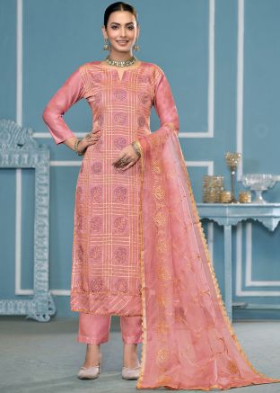 Peach Zari Embroidered Pant Suit Set