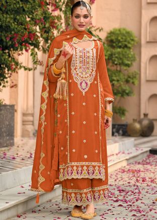 Orange Embroidered Palazzo Salwar Suit Set