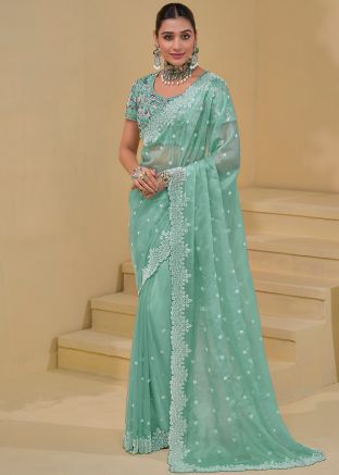 Turquoise Embroidered Banarasi Silk Saree