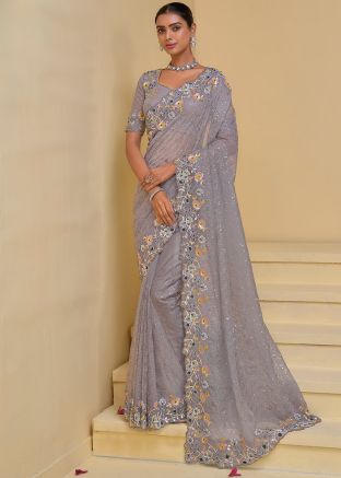 Grey Embroidered Saree In Banarasi Silk