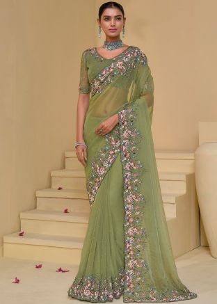 Green Embroidered Silk Saree With Blouse