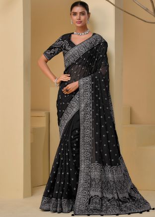 Black Banarasi Silk Saree In Embroidery