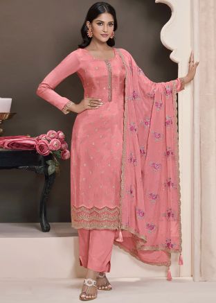 Pink Embroidered Pant Suit In Silk