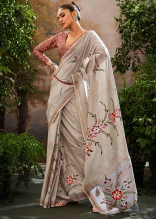 Grey Floral Print Saree In Tissue