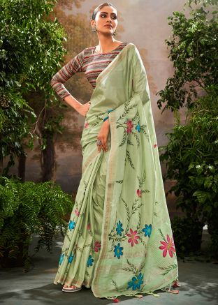 Grey Floral Print Saree In Tissue
