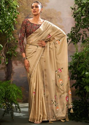 Peach Tissue Silk Saree In Floral Print