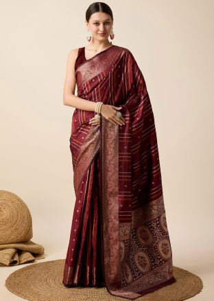 Maroon Zari Woven Saree In Jacquard