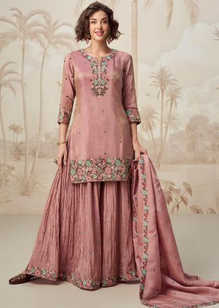 Mauve Pink Embroidered Readymade Palazzo Suit