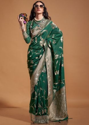 Green Georgette Saree In Zari Woven Work