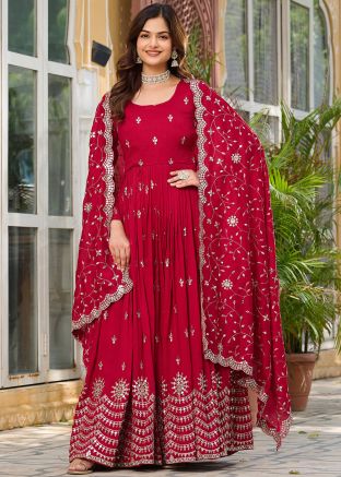 Maroon Readymade Embroidered Anarkali Suit