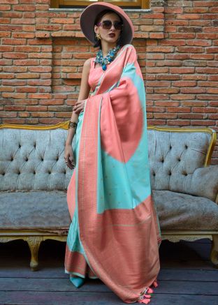 Shaded Turquoise Woven Work Saree In Art Silk