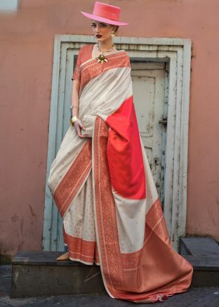 Shaded Off White Art Silk Saree In Woven Work