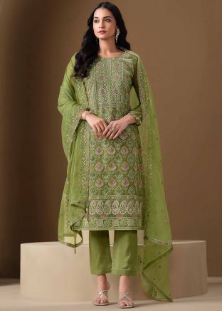 Green Embroidered Chiffon Pant Suit