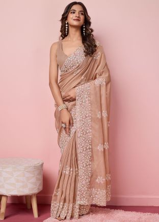 Brown Embroidered Art Silk Saree