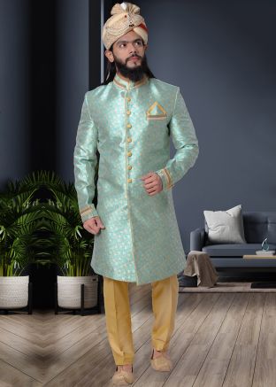 Green Woven Readymade Sherwani With Trouser