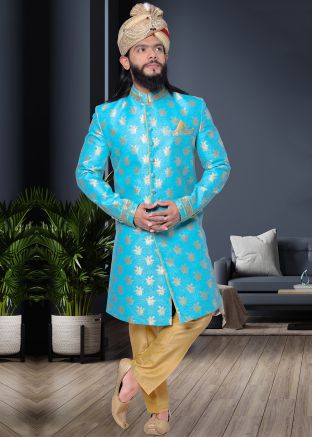 Blue Readymade Sherwani In Jacquard