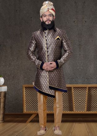 Dark Blue Readymade Asymmetric Jacquard Sherwani