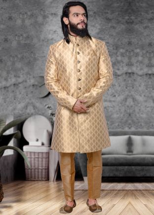 Readymade Golden Woven Sherwani Set For Men