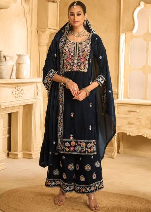 Dark Blue Embroidered Velvet Palazzo Suit