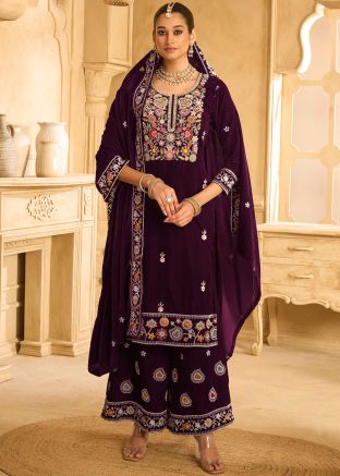 Purple Embroidered Velvet Palazzo Suit Set