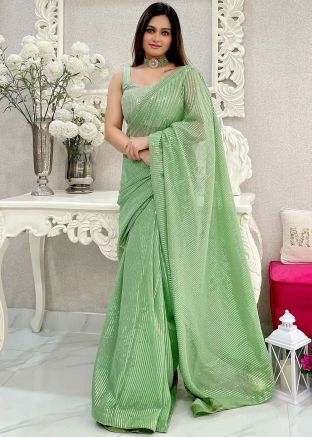 Pastel Green Georgette Saree In Sequins Embellishment