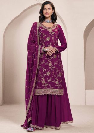 Purple Embroidered Sharara Suit In Chiffon