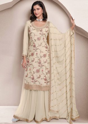 Cream Embroidered Chiffon Sharara Suit