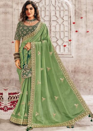 Green Embroidered Organza Saree & Blouse