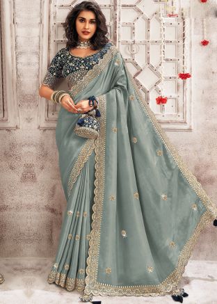 Grey Embroidered Border Saree & Blouse