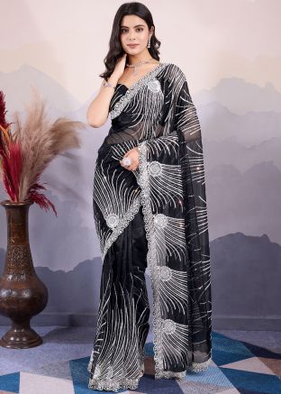 Black Sequins Embellished Saree In Net