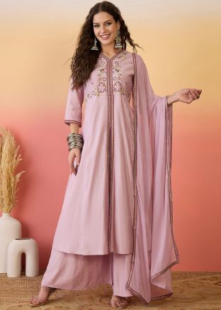 Pink Embroidered Art Silk Salwar Suit Set