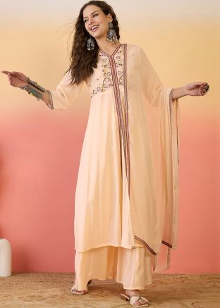 Peach Embroidered Palazzo Suit Set