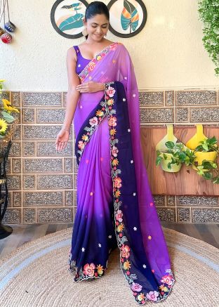 Shaded Purple & Blue Embroidered Saree In Georgette