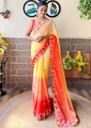 Shaded Yellow & Orange Embroidered Saree