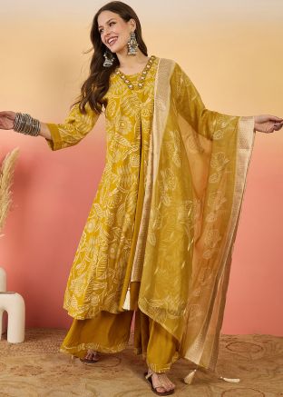Yellow Readymade Printed Palazzo Style Suit