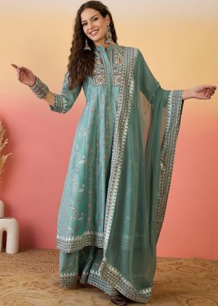 Sea Green Printed Readymade Palazzo Suit