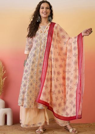 Peach Silk Printed Readymade Palazzo Suit