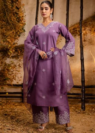 Purple Woven Salwar Suit Set In Art Silk