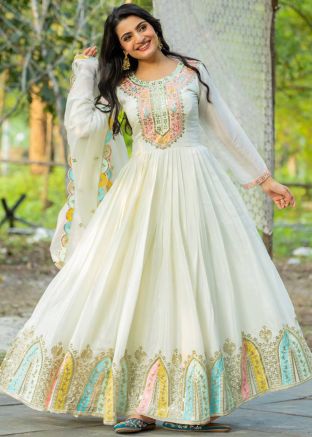 White Readymade Embroidered Anarkali Suit