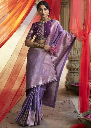 Purple Silk Saree With Embroidered Blouse